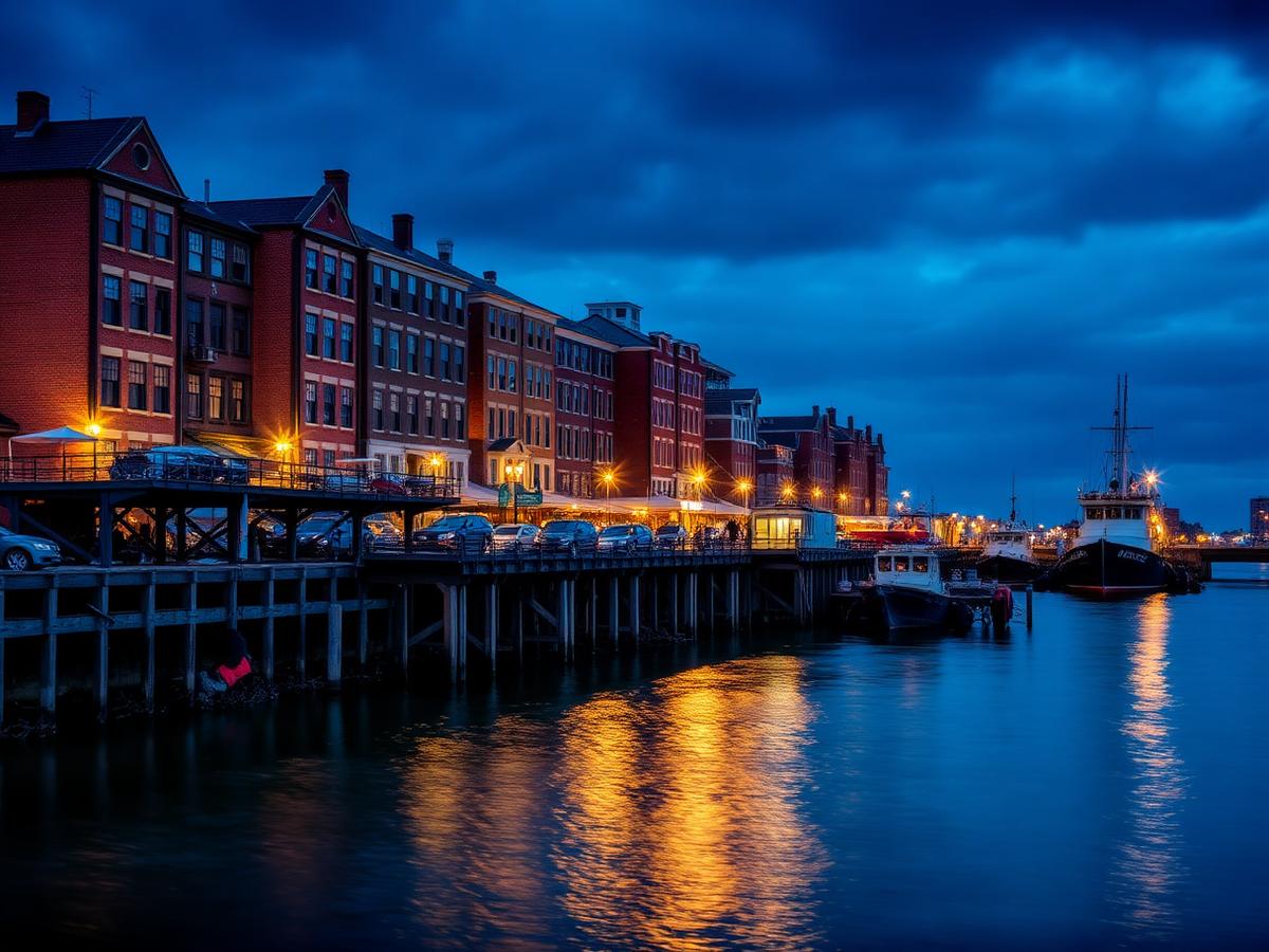 Brick waterfront buildings and working piers in Portland, Maine at dusk